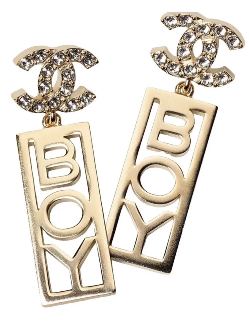 👦 ChaneI Boy Gold Tone Spell Out Rhinestone 💎 Earrings